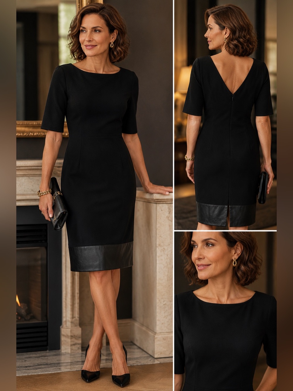St. John Wool Blend Knit Sheath Dress with Leather Hem Panel Size 4